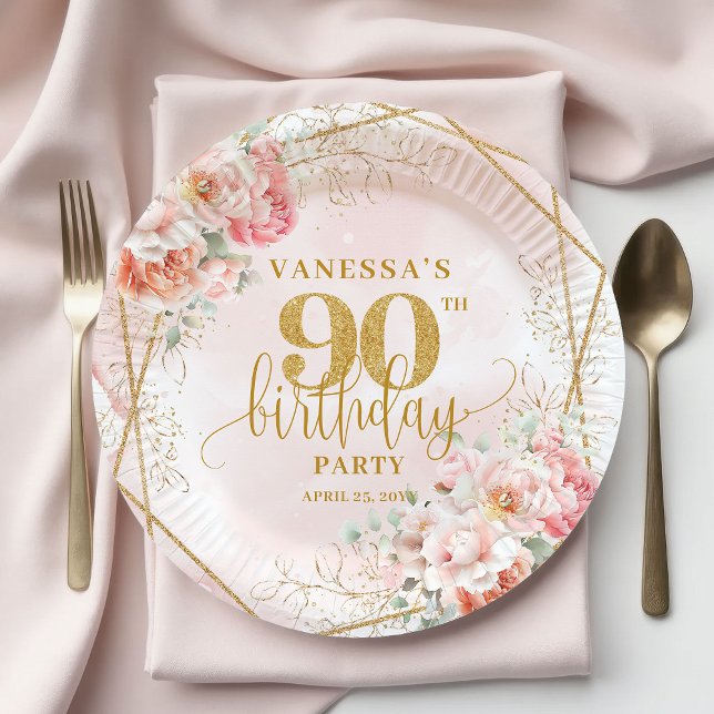 Chic Blush Pink Floral Gold Frame 90th Birthday  Paper Plates (Chic Blush Pink Floral Gold Frame 90th Birthday Plates)
