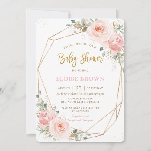 Chic Blush Pink Floral Gold Geometric Baby Shower  Invitation