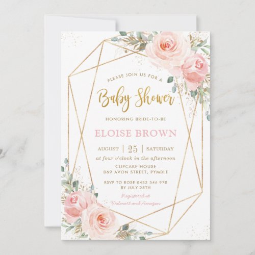 Chic Blush Pink Floral Gold Geometric Baby Shower  Invitation