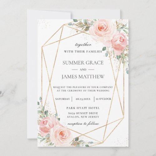 Chic Blush Pink Floral Gold Geometric Wedding  Invitation