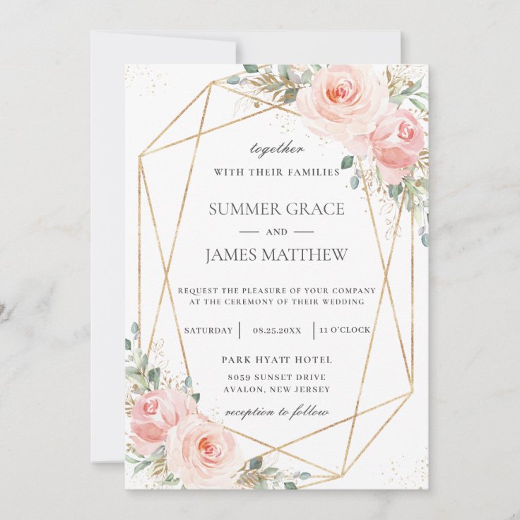 Chic Blush Pink Floral Gold Geometric Wedding Invitation Zazzle