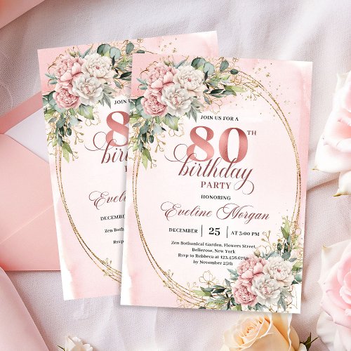 Chic Blush Pink Floral Gold Glitter 80th Birthday