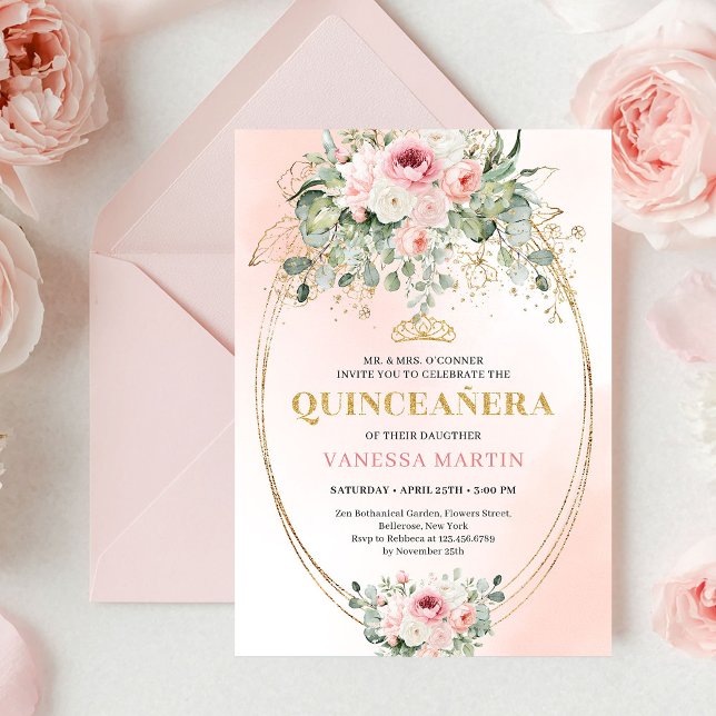 Chic Blush Pink Floral Gold Quinceañera Boho Invit Invitation (Chic Blush Pink Floral Gold Quinceañera Boho Invite)