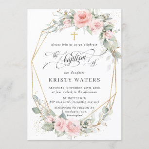 Chic Blush Pink Floral Greenery Baptism Geometric Invitation