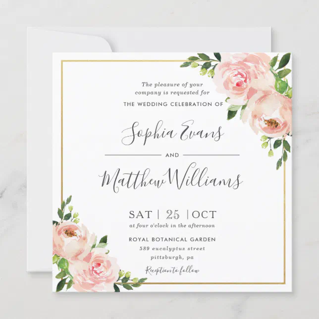 Chic Blush Pink Floral Greenery Gold Wedding Invitation | Zazzle