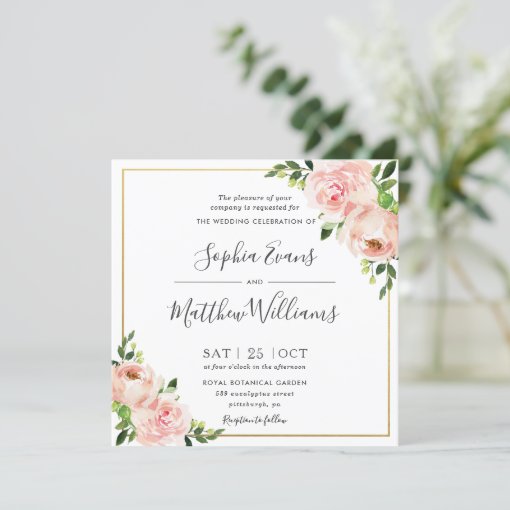 Chic Blush Pink Floral Greenery Gold Wedding Invitation Zazzle