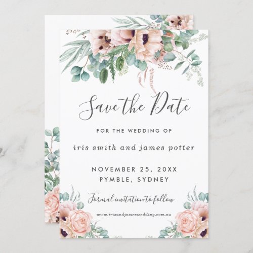 Chic Blush Pink Floral Greenery Save the Date Card