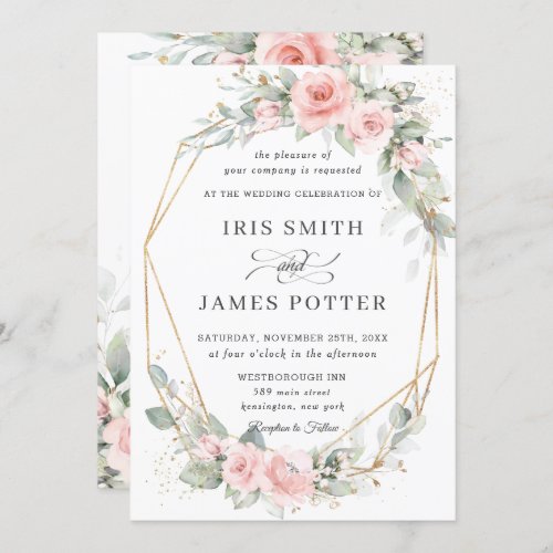 Chic Blush Pink Floral Greenery Wedding Geometric Invitation