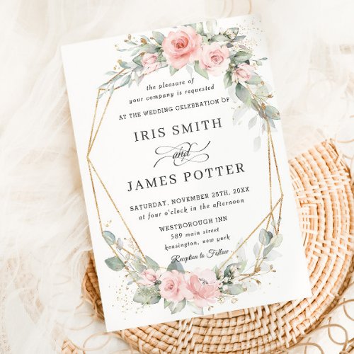 Chic Blush Pink Floral Greenery Wedding Geometric Invitation