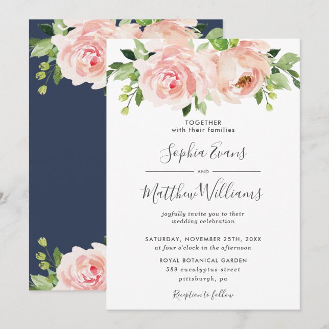 Chic Blush Pink Floral Greenery Wedding Invitation (Front/Back)