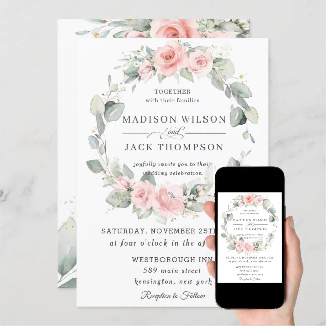 Chic Blush Pink Floral Greenery Wreath Wedding Invitation | Zazzle