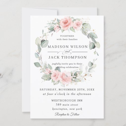 Chic Blush Pink Floral Greenery Wreath Wedding Invitation | Zazzle