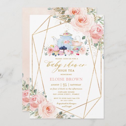 Chic Blush Pink Floral High Tea Baby Shower  Invitation
