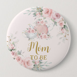 Chic Blush Pink Floral High Tea Party Mom to Be Button