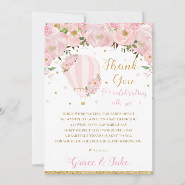 Chic Blush Pink Floral Hot Air Balloon Baby Shower Thank You Card | Zazzle