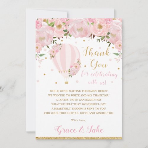 Chic Blush Pink Floral Hot Air Balloon Baby Shower Thank You Card