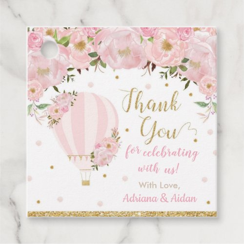Chic Blush Pink Floral Hot Air Balloon Thank You Favor Tags