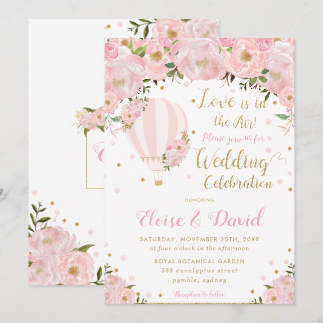 Chic Blush Pink Floral Hot Air Balloon Wedding Invitation (Front/Back)