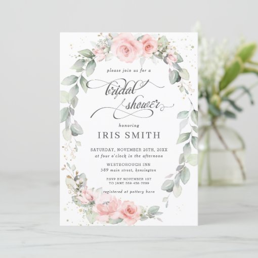 Chic Blush Pink Floral Leafy Wreath Bridal Shower Invitation | Zazzle