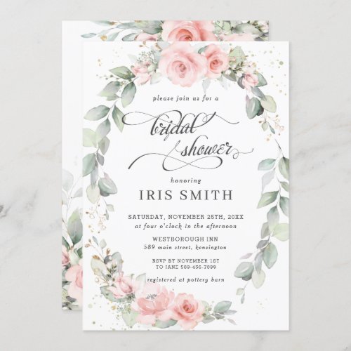 Chic Blush Pink Floral Leafy Wreath Bridal Shower Invitation