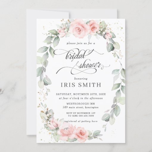 Chic Blush Pink Floral Leafy Wreath Bridal Shower Invitation | Zazzle