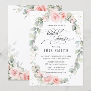 Chic Blush Pink Floral Leafy Wreath Bridal Shower Invitation