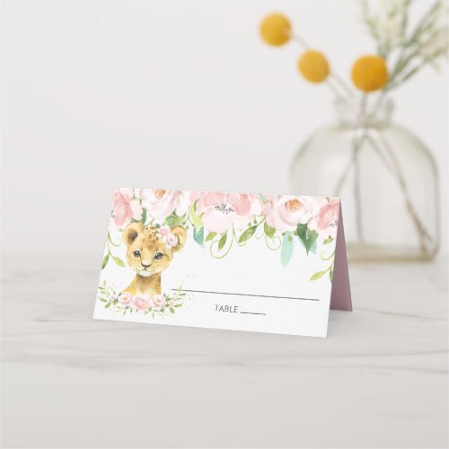 Chic Blush Pink Floral Lion Cub Guest Name Place Card