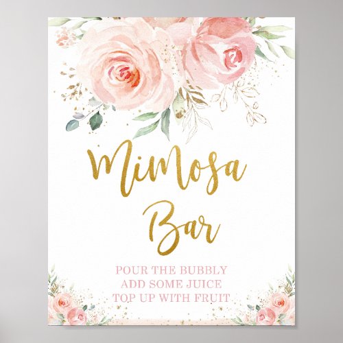 Chic Blush Pink Floral Mimosa Bar Bubbly Drink  Poster