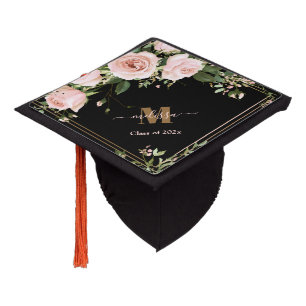Chic Blush Pink Floral Monogram Graduation Cap Topper