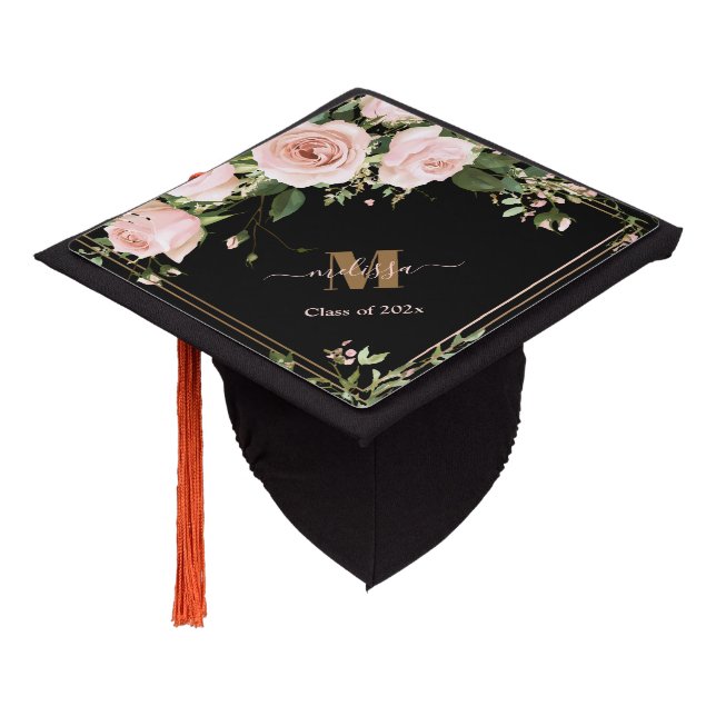 Chic Blush Pink Floral Monogram Graduation Cap Topper (Angled)