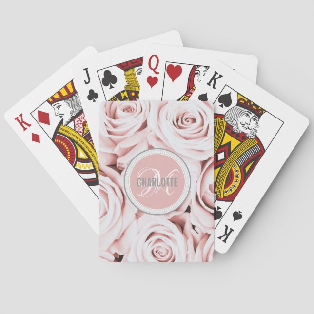 Chic blush pink floral monogram name poker cards (Back)
