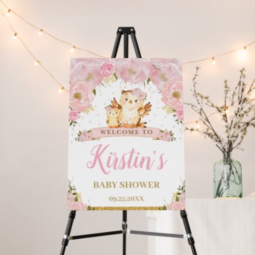  Chic Blush Pink Floral Owls Baby Shower Welcome  Foam Board