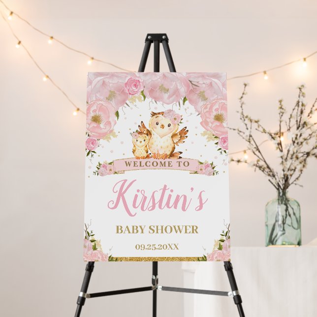  Chic Blush Pink Floral Owls Baby Shower Welcome  Foam Board (In Situ (Stand))