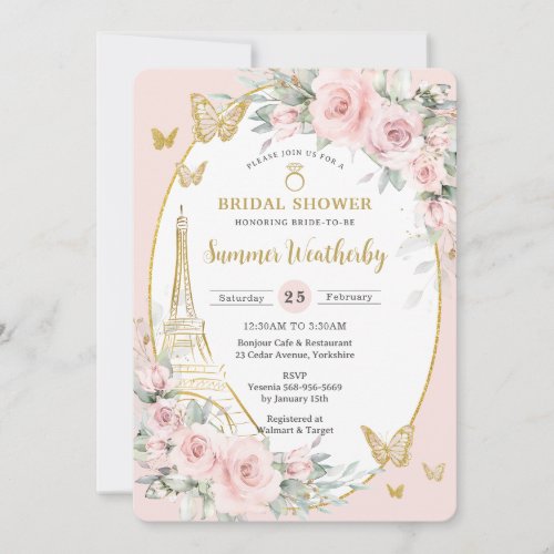 Chic Blush Pink Floral Paris Eiffel Bridal Shower  Invitation