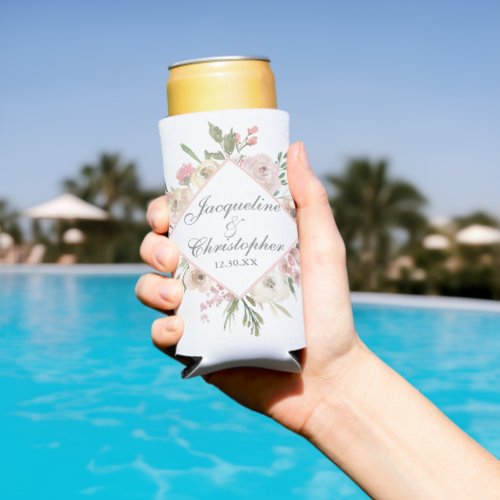 Chic Blush Pink Floral Personalized Summer Wedding Seltzer Can Cooler