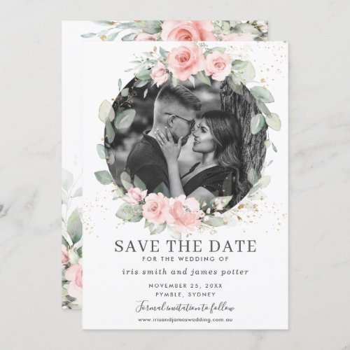 Chic Blush Pink Floral Photo Save the Date Card