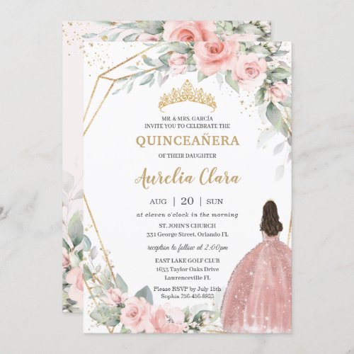 Chic Blush Pink Floral Princess Crown Quinceaera Invitation