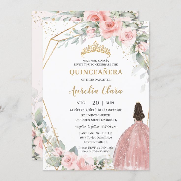 Chic Blush Pink Floral Princess Crown Quinceañera Invitation | Zazzle