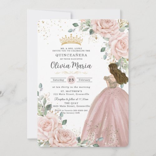 Chic Blush Pink Floral Princess Dress Quinceaera Invitation