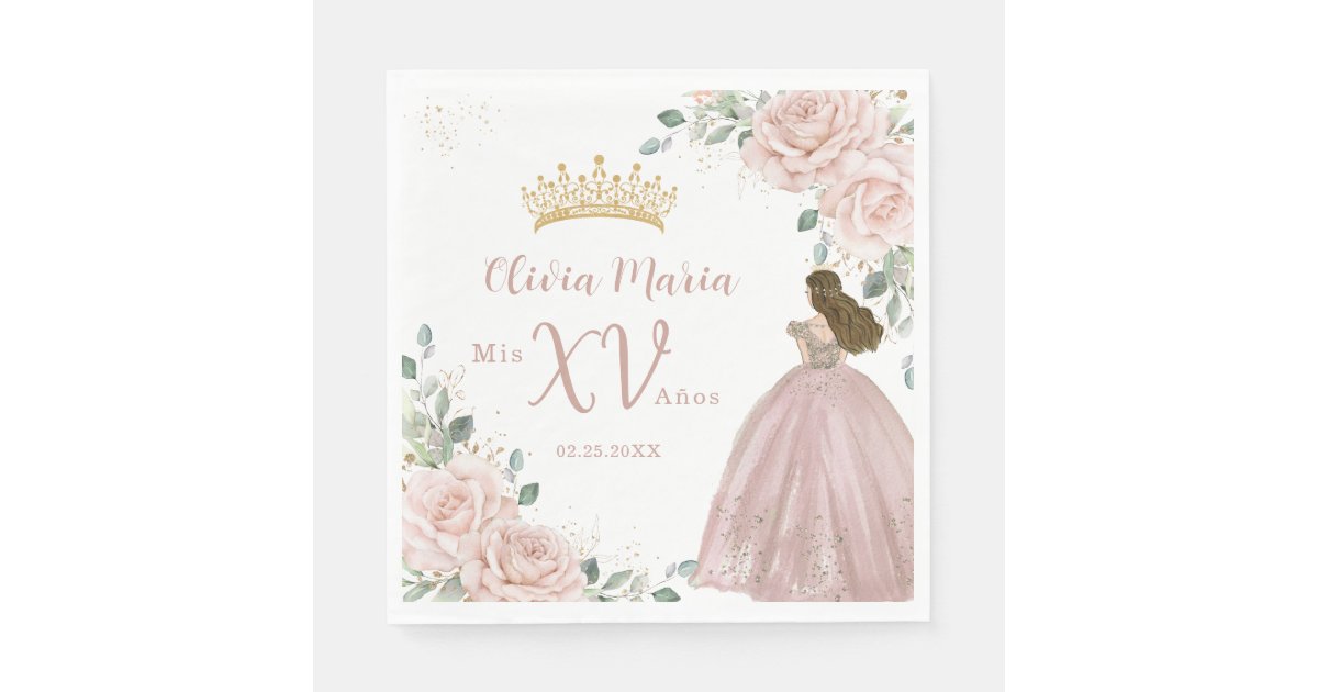 Chic Blush Pink Floral Princess Dress Quinceañera Napkins | Zazzle