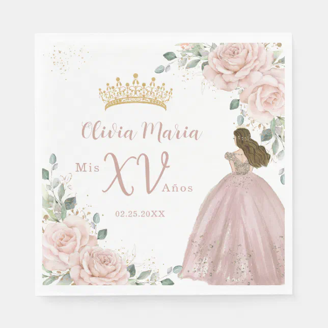 Chic Blush Pink Floral Princess Dress Quinceañera Napkins | Zazzle