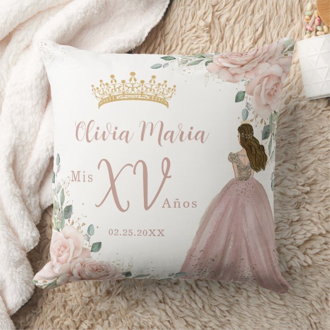 Chic Blush Pink Floral Princess Dress Quinceañera Throw Pillow (Blanket)