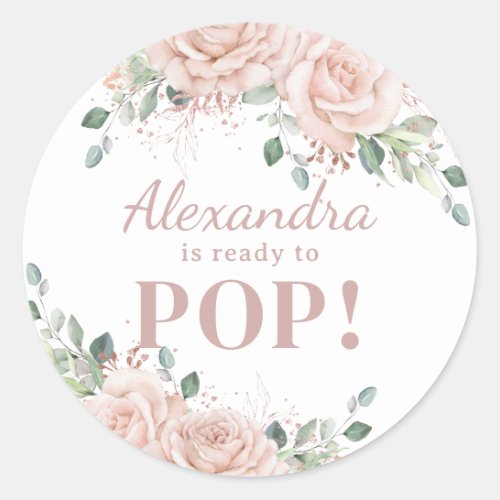 Chic Blush Pink Floral Rose Gold Baby Ready to Pop Classic Round Sticker