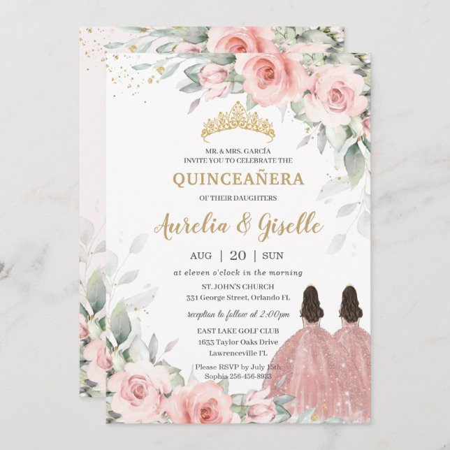 Chic Blush Pink Floral Rose Gold Twins Quinceañera Invitation (Front/Back)
