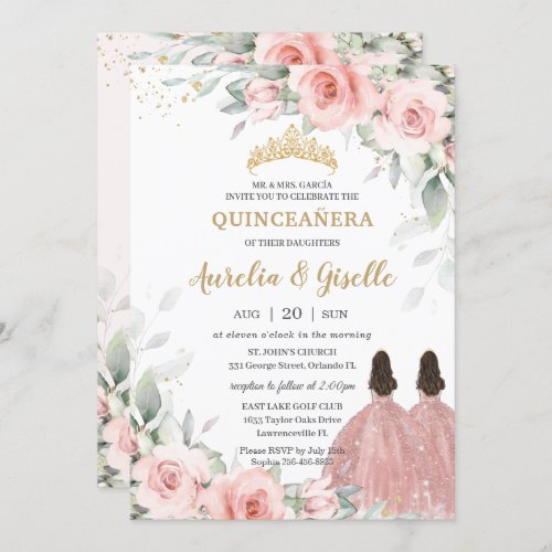 Chic Blush Pink Floral Rose Gold Twins Quinceaera Invitation