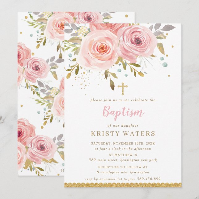 Chic Blush Pink Floral Roses Gold Leaves Baptism Invitation (Front/Back)