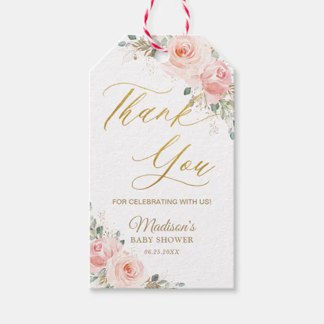 Chic Blush Pink Floral Roses Gold Thank You Favor Gift Tags | Zazzle