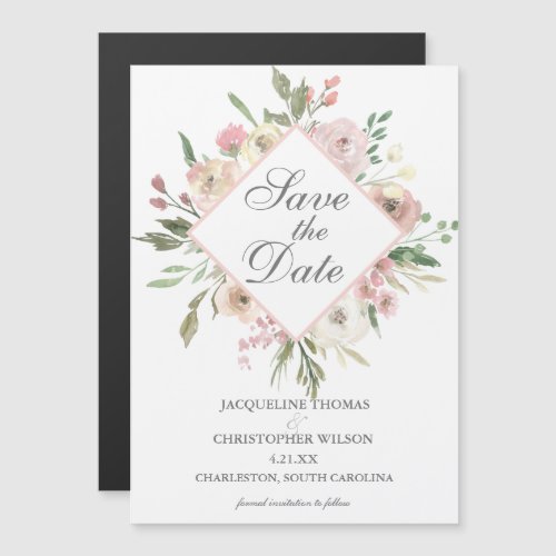 Chic Blush Pink Floral Save the Date Magnetic Card