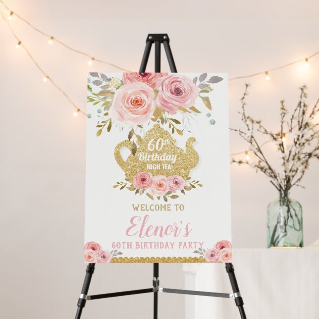Chic Blush Pink Floral Tea Party Birthday Welcome Foam Board (In Situ (Stand))