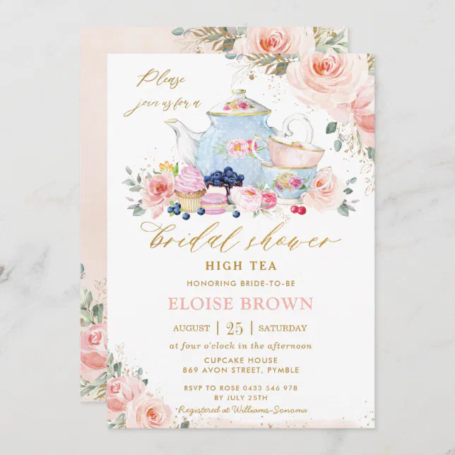 Chic Blush Pink Floral Tea Party Bridal Shower Invitation | Zazzle